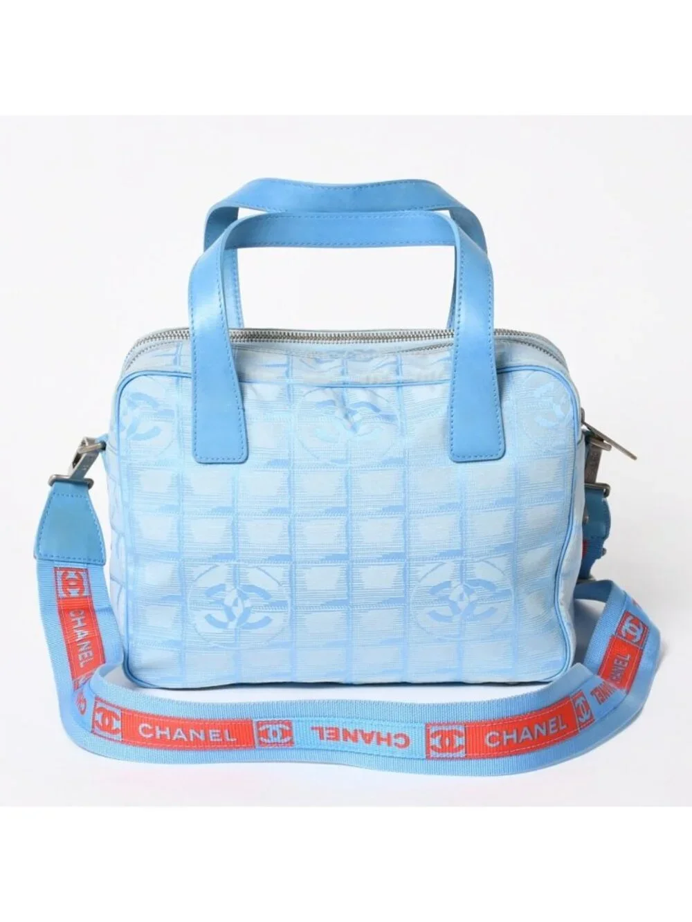Chanel New Travel Line 2-Way Bag CC Logo Nylon Leather Blue